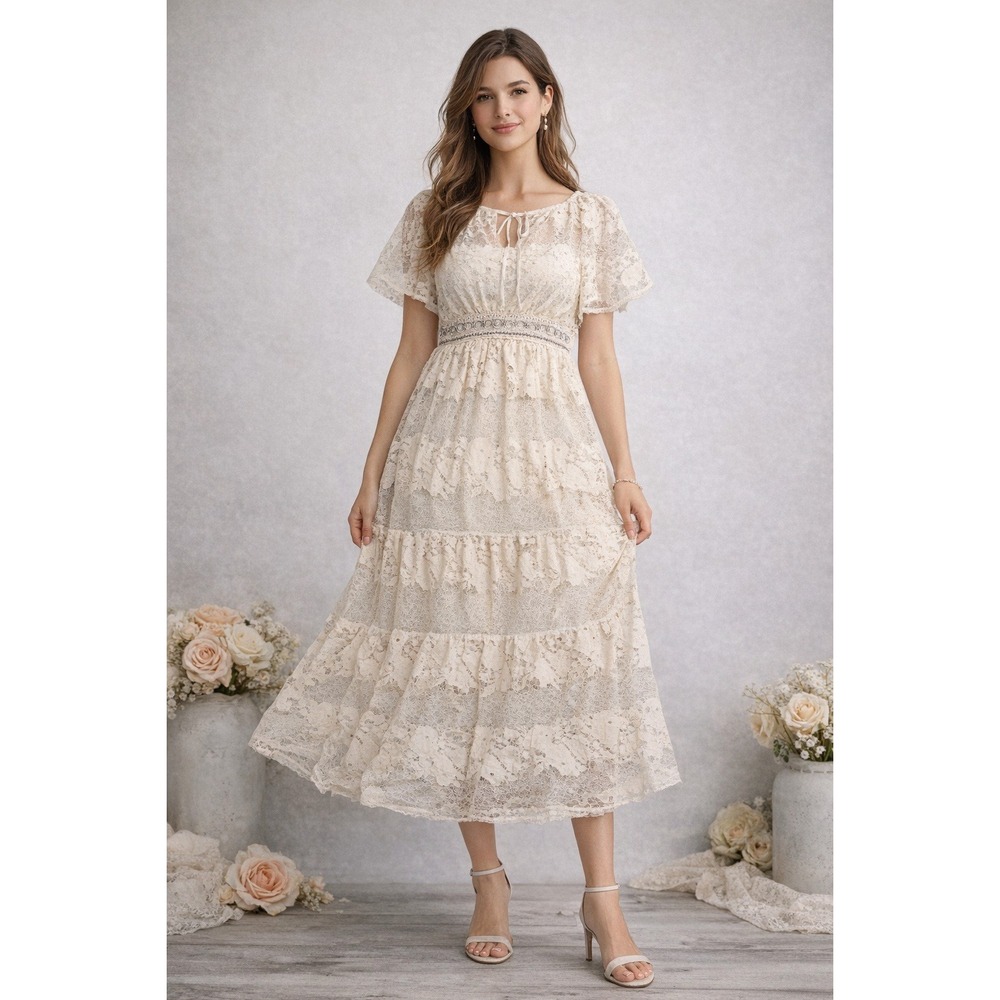 Zara Lace Midi Dress Cream Floral Tiered Flutter Sleeve Boho Wedding Medium